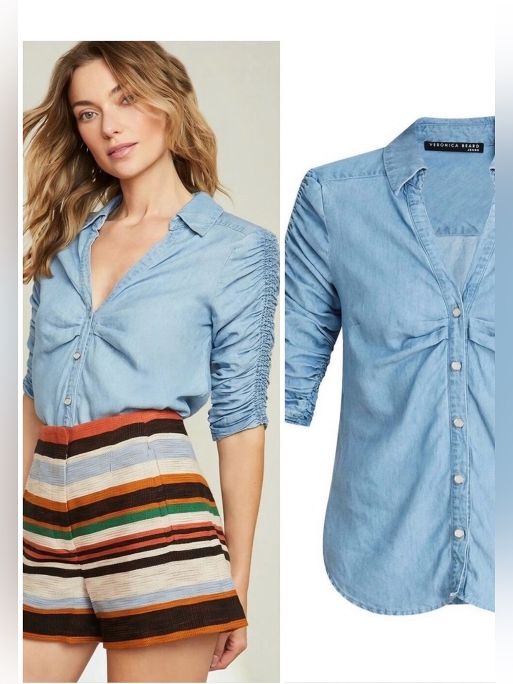 Veronica Beard Porta Smocked Chambray Button-Front Shirt medium - Picture 2 of 8